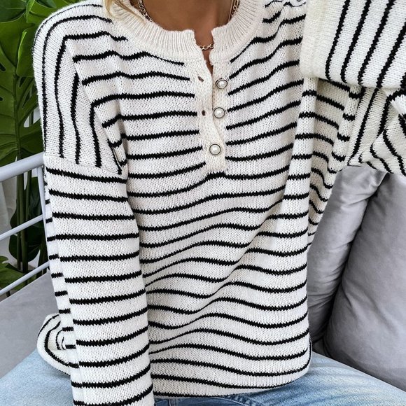 Black and White Preppy Womens Striped Drop Shoulder Button Front Sweater - Picture 5 of 5